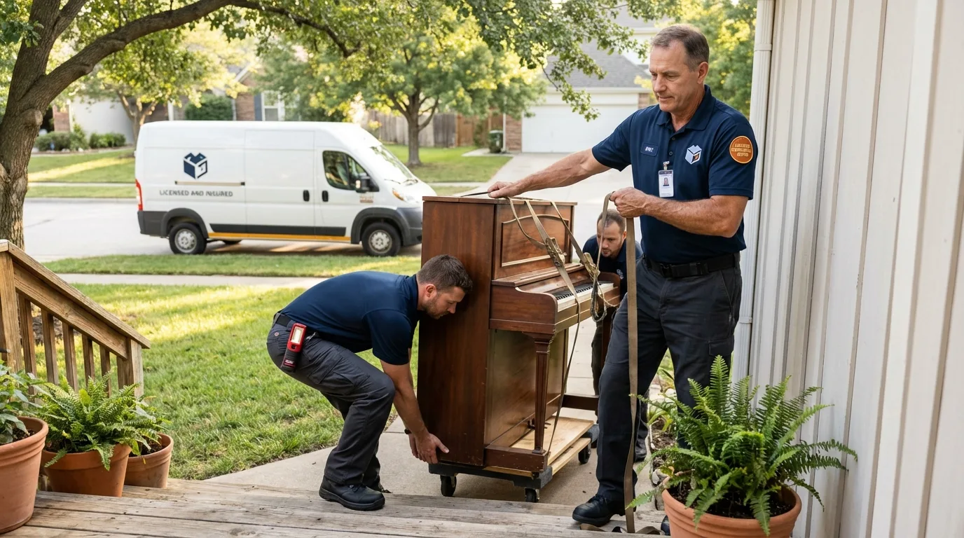 Licensed piano movers securing grand piano in Little Silver, NJ