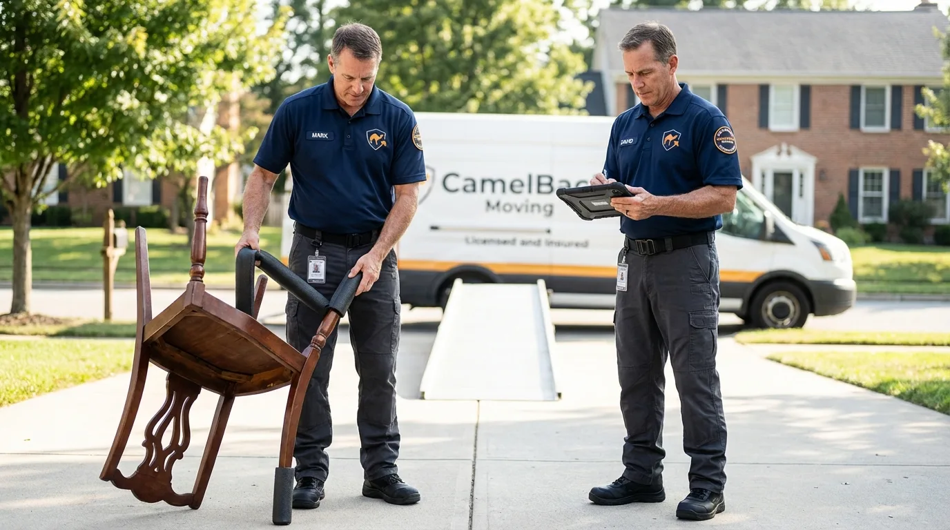 Movers inspecting furniture for damage prevention before loading in Little Silver, NJ