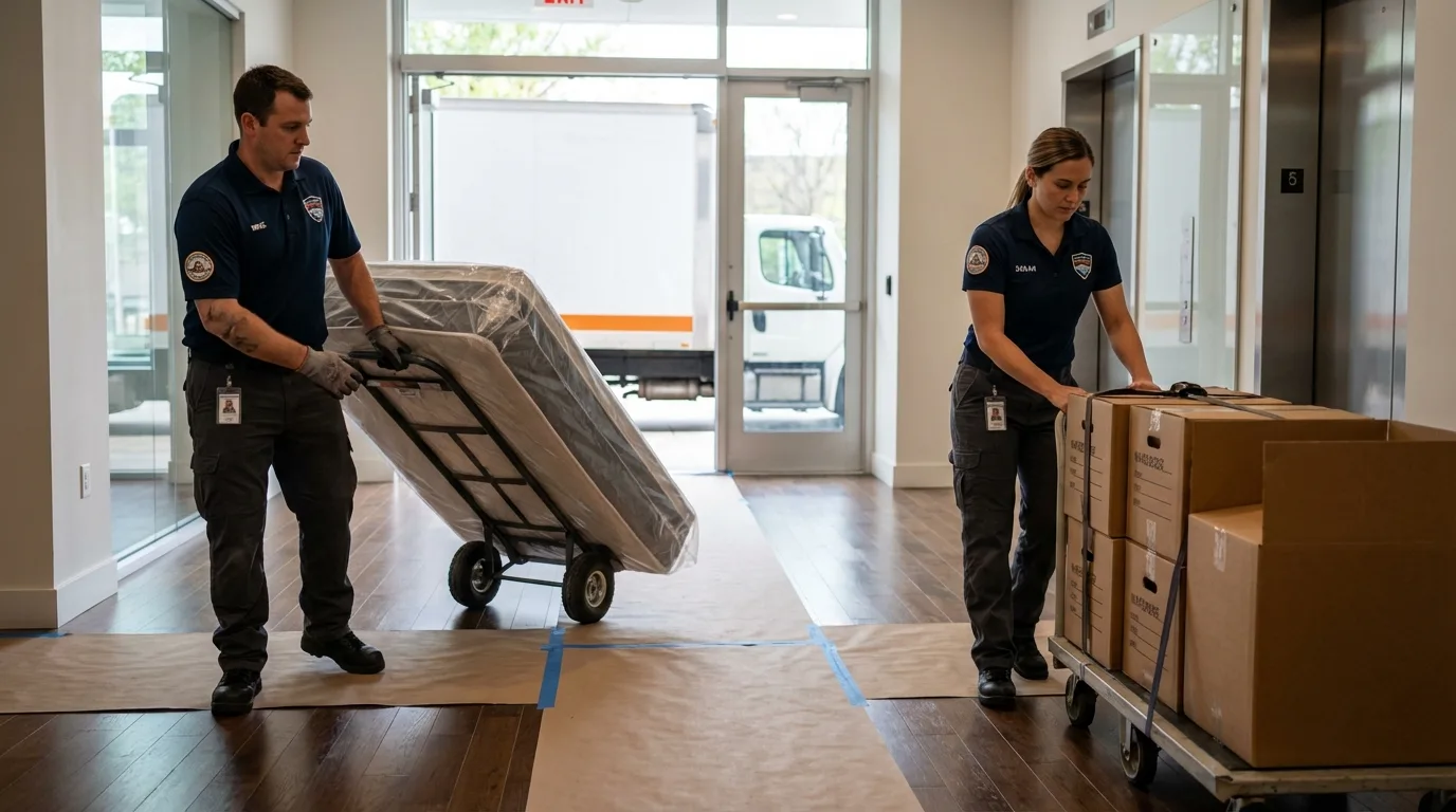 Professional apartment movers loading elevator in Little Silver, NJ